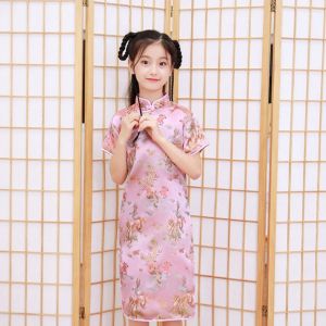 LABAICAI Retro Temperament Fairy Autumn Summer Dragon Phoenix Pattern Comfortable Silk Girls Skirt Girls Cheongsam Kids Traditional Dress Qipao Chinese Style Dress