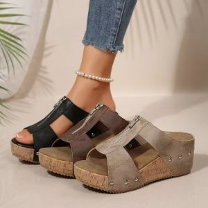 Free Shipping Plus-Size 43 New WomenS Wedge Heel Fish-Mouth Platform Rivet Sandals
