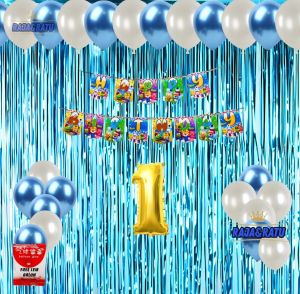 Paket Set Dekorasi Ulang Tahun Anak-anak Dekorasi Pororo Balon Metalik Putih Birumuda