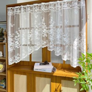 PLLEWY White Sheer Triangle Curtain Embroidered Lace Jacquard Flowers Short Valance Curtains Fashion Small Window Half Curtain Home Decor