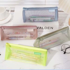 QICAI692 Nylon Mesh Pencil Case Retro Color Triangle Zipper Stationery Bag Casual Large Capacity Transparent Bills Bag Student