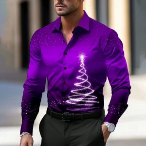 ZEEMIN Christmas Mens Shirt Christmas Tree 3d Print Shirts Autumn Long Sleeve Lapel Button Tops Micro Elastic Oversized Shirts For Men