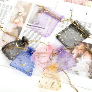 10pcs Organza Gift Bag Drawstring Pouch with Print Sheer Organza Favor Bags Gift Pouch Drawstring
