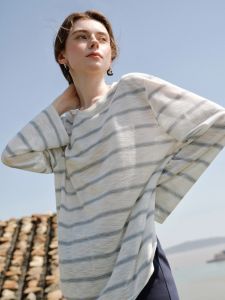 FSLE Fashion Loose Casual Striped Long-sleeved T-shirt for Women 2026 Summer New Arrival Vacation Style Pullover Top 25FS124402026