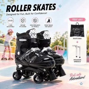 Roller Skate Shoes for Kids Adjustable Quad Skates Roller Blades Skate Shoes for Girls Boys Pink and Black
