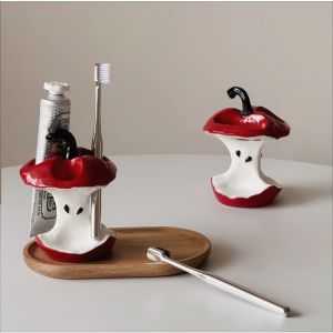 Ceramic Toothbrush Holder Creative Apple Core Shaped Toothpaste Storage Rack Makeup Brush Storage Ornament Bathroom Accessories