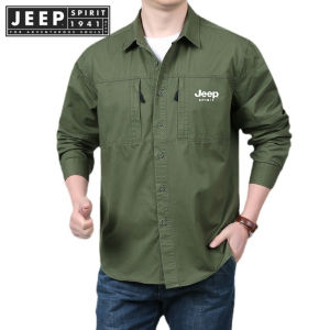 JEEP SPIRIT 1941 ESTD New Loose Long Sleeve Shirt Mens Washable Large Pocket Workwear Business Casual Shirt Trendy Retro