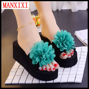 MANXIXI Beautiful 2.36 Inches Wedge Sandals Lotus Flower Inlay Rubber Sole Sturdy Flat Slippers For Women (Size 35-40)