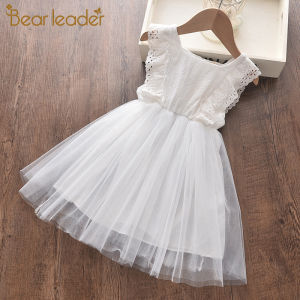 Bear Leader Cute Girls Dress Summer Children Floral Sleeveless Dresses Mesh White Applique Girl Clothes Lace Hollow Out Solid Party Clothing Openwork Baby Girl Kid Princess Vestidos