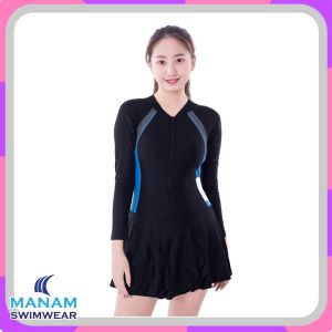 39076 ชุดว่ายน้ำผู้หญิง พร้อมส่ง ชุดว่ายน้ำชิ้นเดียวกระโปรง แขนสั้น มีซิปด้านหน้า