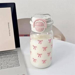 Cute Bow Water Bottle For Girls With Straw Portable Pop-Up Cover Plastic Water Cup Kids Outdoor Leak-Proof Drinking Bottle 600ML2026