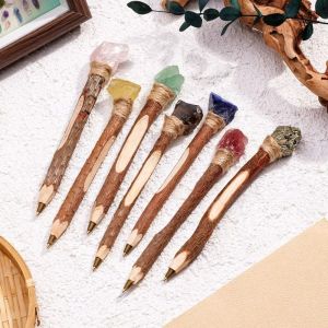 WAPKTY Wooden Ballpoint Pen Handmade Natural Rough Crystal Raw Stone Scepter Pen Unique Log Craft Decorative Crystal Wand Pen Kids