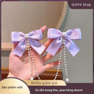 Hàng có sẵn✨ Ngọc trai Bow tua tóc Clip thanh lịch màu rắn tóc Claw trẻ em công chúa Kẹp tóc Thời trang vẻ đẹp Phụ kiện tóc