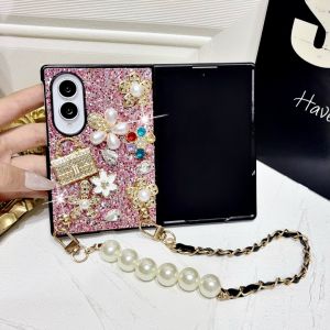 Luxury Glitter Diamond Phone Case for Samsung Galaxy Z Fold 8 Ultra/8/7/6 Series Bling 3D Pearl Flower Handbag Ornament Cover With Pearl Chain Strap Shockproof Protective Hard Case