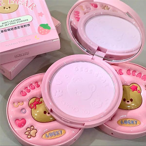 Lorzi Gege Bear Oil-Control Pressed Powder Face Setting Compact Powder Waterproof Coverage Long-Lasting Light Matte Makeup Powder Cake With Mirror