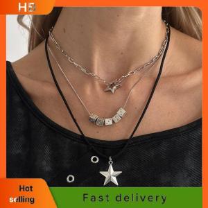 HB Fashion Metal Silver Multi Layered Pentagram Necklace Y2K Statement Jewelry for Women Party Necklace Festive Accessory