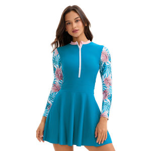 Modest Swimwear Dress Swimming  Women Long Sleeve Zip Up Swimdress Two Piece Skirted Swimming Swimsuit Flower Printed Beach Wear
