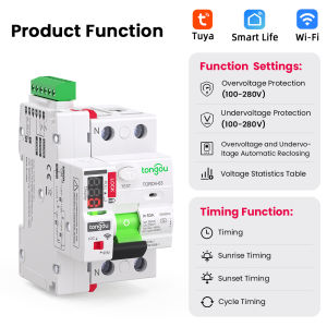TONGOU 2P Type A RCD RCCB 6KA 16A 63A 30mA 230V WiFi Smart Auto Recloser Circuit Breaker with Over/Under Voltage Protection