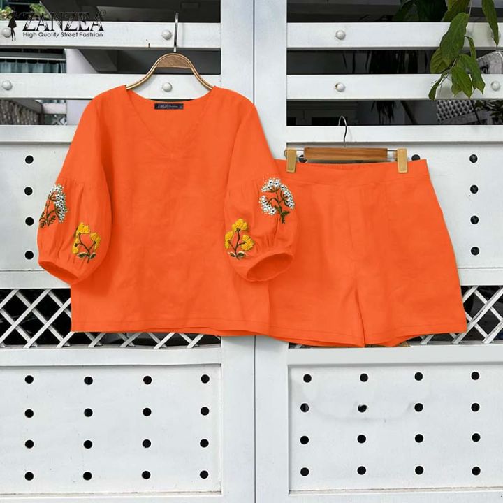 ZANZEA Women Two-piece Outfits 3/4 Sleeve V-Neck Floral Embroidery