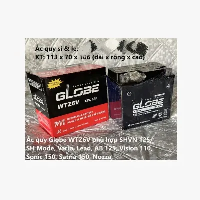 Ac quy khô GLOBE WTZ6V Lead 125 Vision Air Blade 125 SH mode Sh Việt PCX shvn GRANDE STD VARIO 6AH Acquy 6a