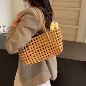 LEFTSIDE Small Solid Color Weave Tote Bags for Women 2026 Fashion Summer Shoulder Bags Simple Handbags Hollow Out Beach Bag2026