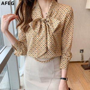 AFEG new style long-sleeved lace-up bow-knot printed temperament blouse for women