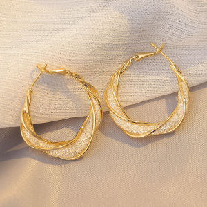 2023 New Trend Women Circle Shiny C Shape Hoop Earrings Temperament Alloy Twisted Wrapped Round Big Earrings