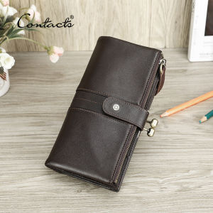 CONTACTS Genuine Leather Long Wallet Women Metal Frame Purse Card Holder Hasp and Zipper Coin Pocket Hold 6.7" Phone RFID Wallet