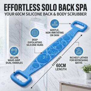 Silicone Body Scrubber Back Scrubber Double Sided Exfoliating Shower Towel Long Body Scrub Cloth Gentle Deep Cleaning Bath Accessory