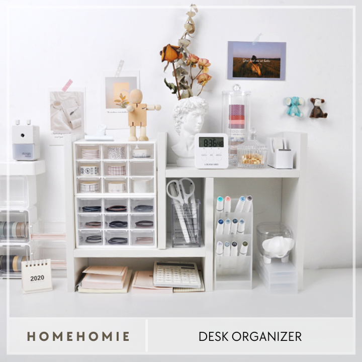 Homehomie Adjustable Desktop Desk Organizer HShaped Shelf White Wood