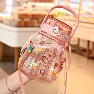 Free Sticker Hot1300ml Cute Water Bottler Double Drinking Tube With Strape Straw Portable Drinking Bottle