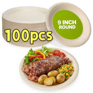 【Free gift 】100Pcs Round Sugarcane Paper Plate Disposable for Party 7/9/10 Inch Paper Plate Microwave Safe