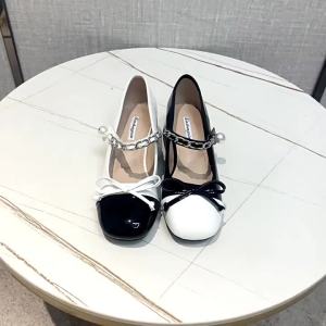 G7 Genuine Leather Mary Jane Slip-On Mid-Heel Spring and Autumn Black and White Patchwork Chain Round Toe Bowknot Womens Chunky Heel Single Shoes 7/7