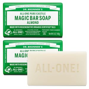 Dr. Bronners Pure-Castile Magic Bar Soap - Made with Regenerative Organic Certified Oils - For Face Body Hair - Gentle Cleanse - Vegan Bath Soap Bars for Men & Women - Almond 2 pack 5 oz