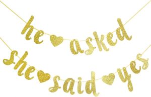 He Asked She Said Yes Gold Glitter Banner - Wedding Engagement Bridal Shower Party Decorations