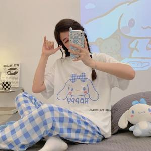 Cartoon Anime Sanrio Womens Pajamas Round Neck Short Sleeve T-Shirt Kawaii Student Loose Comfort Sleepwear Pajamas Sets Clothes