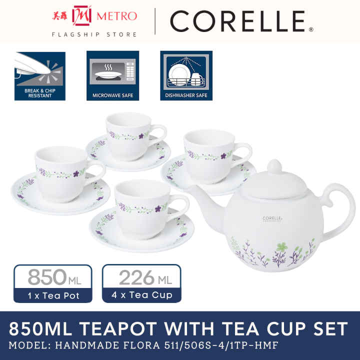 Corelle Coordinates 4pc 226ml Cup & Saucer Set With Free 850ml Tea