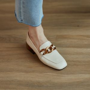 Vintage Style Shallow Shoes with Thick Heels Womens Shoes Spring New Top Layer Cowhide Square Toe Thick Heel Shoes with Wooden Roots Low Tops