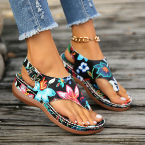 [Free Shipping] Plus-Size WomenS Summer Sandals With Floral Patterns And A Back Strap Featuring A Wedge Heel