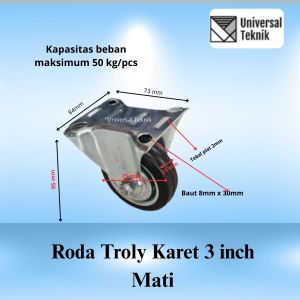 Roda karet mati 3 inch etalase troly troli caster kaster kastor ( 2pcs )