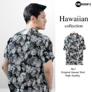 THE ROOMS - เดอะรูม เสื้อฮาวาย โคตรนุ่ม แขนสั้น ผ้าไหมญี่ปุ่น ผ้าดีมาก ลาย Box Wood ดำ