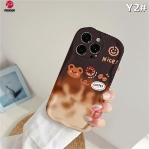 (Lokal Ready) PENGER Casing hp iPhone 11 12 14 13 12 Pro Max XR 7Plus iPhone 15 Pro Max X XS Max 6s 7 8 6 Plus SE 2020  3D Wavy Curved Edge Gradient Coffee Beruang Kecil Case