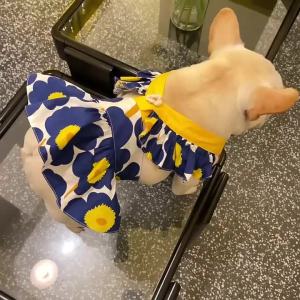 Lotus leaf lace suspender dress blue cotton printed dress for French Bulldog Schnauzer Teddy small and medium-sized dogs cats and Pugs