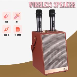 QIXI SK-2050 Leather Design Super Bass Sound Wireless Bluetooth Karaoke Speaker Multiple Functions with Wired Microphone