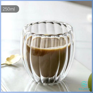 Yolanda พร้อมส่ง ถ้วยกาแฟสองชั้น จีบรอบใบ ถ้วยน้ำผลไม้สไตล์แฟชั่น 250ml 350ml 450ml Creative glass