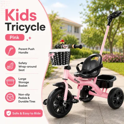 Beige Bike For Kids Girl Boy Baby Bike Tricycle With Front Back Basket And Push Handle Stroller Bike for kids