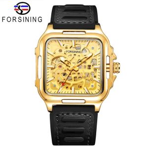 Đồng hồ hoàn toàn Cơ học Tự động Forsining ban đầu với Đồng hồ nam rỗng dây đeo cao su và vuông thời trang và sang trọng. Quà tặng nam