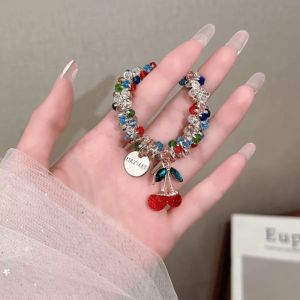 CHENJIE ลูกเชอรี่ ยางรัดผมคริสตัล เสน่ห์ คริสตัล สร้อยข้อมือเชอร์รี่ ชิค สง่างาม ยางรัดผมตกแต่ง ผู้หญิงและเด็กหญิง