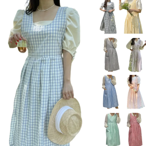Women Vintage Checkered Plaids Apron for Kitchen Cooking Baking Gardening Florist Overall Side Tie Split Pinafore Dress