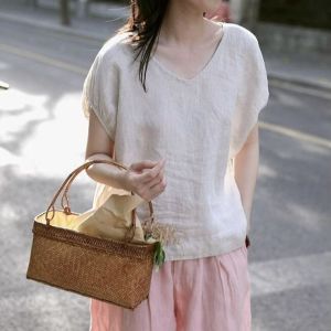 LUCKIN STORE Womens Embroidered Linen Top Elastic Loose Short sleeved Embroidered Cotton and Linen V-neck Bubble Sleeve Solid Color Thin Top Pullover Art Leisure Summer New Style